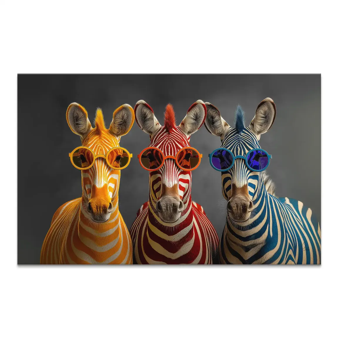 Three zebras in bright orange, red, and blue wearing round sunglasses on a dark grey Pop Art canvas.