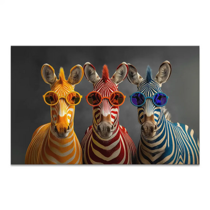 Three zebras in bright orange, red, and blue wearing round sunglasses on a dark grey Pop Art canvas.