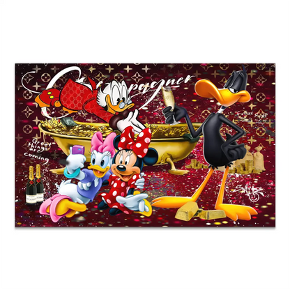 Luxurious pop art canvas print featuring Scrooge McDuck in a gold coin bathtub with Daffy Duck toasting.