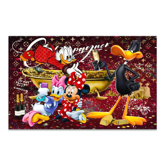 Luxurious pop art canvas print featuring Scrooge McDuck in a gold coin bathtub with Daffy Duck toasting.