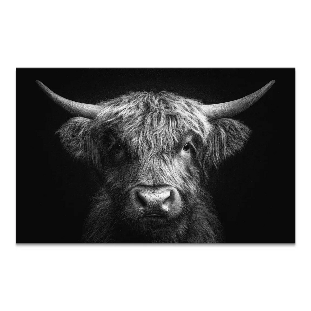 Noble Highland cow canvas picture in black and white with a calm, direct gaze