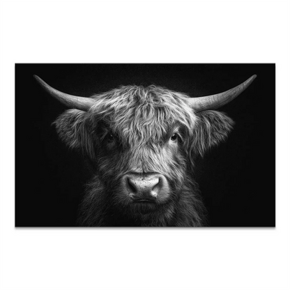 Noble Highland cow canvas picture in black and white with a calm, direct gaze