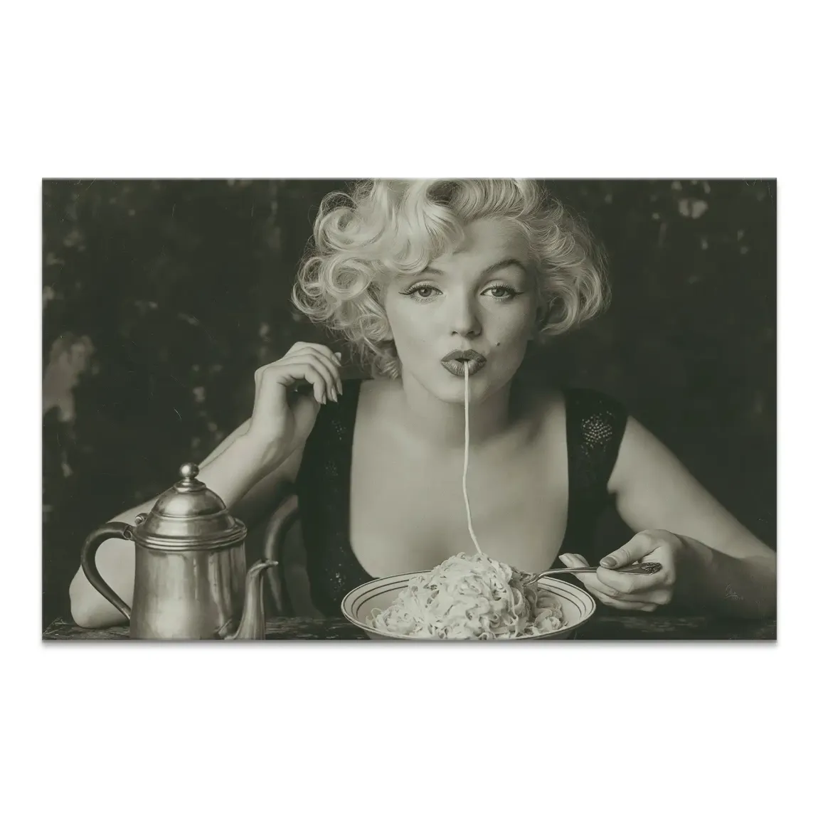 Monochrome Marilyn Monroe-inspired canvas artwork featuring a playful spaghetti scene and a vintage teapot