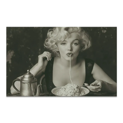 Monochrome Marilyn Monroe-inspired canvas artwork featuring a playful spaghetti scene and a vintage teapot