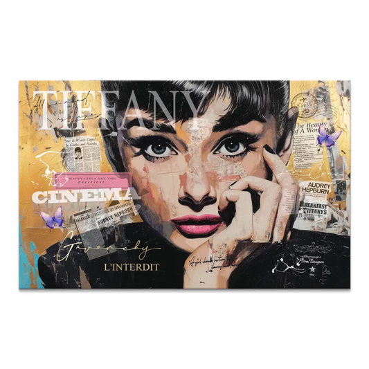 Audrey Hepburn pop art portrait on canvas with gold accents and mixed-media collage.