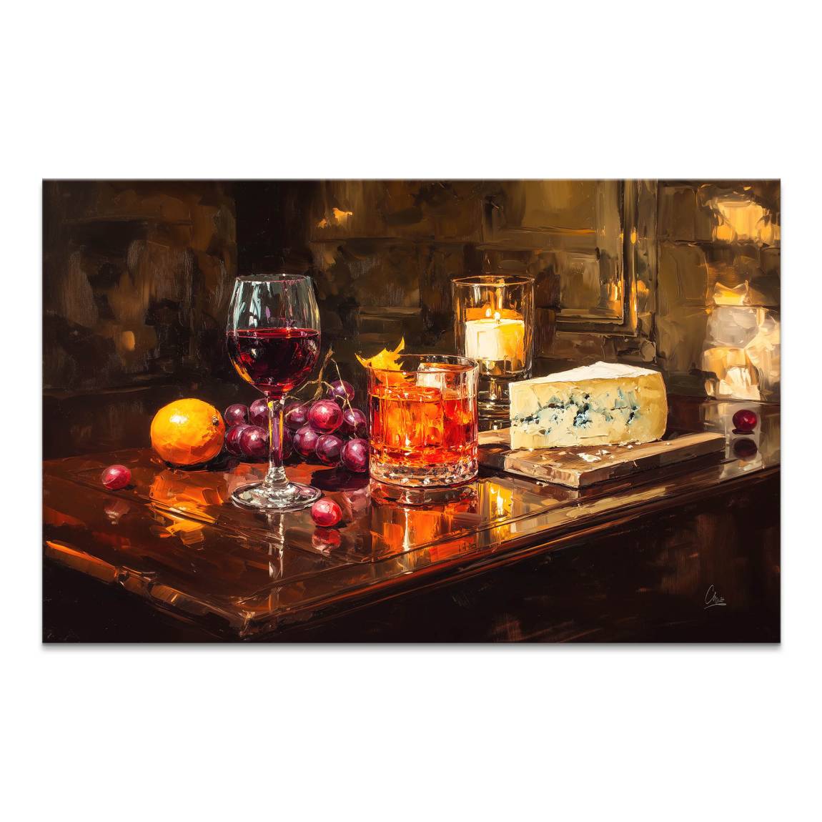 Elegant still-life canvas featuring a glass of red wine, grapes, orange, cocktail, candle, and blue cheese on a dark wood surface.