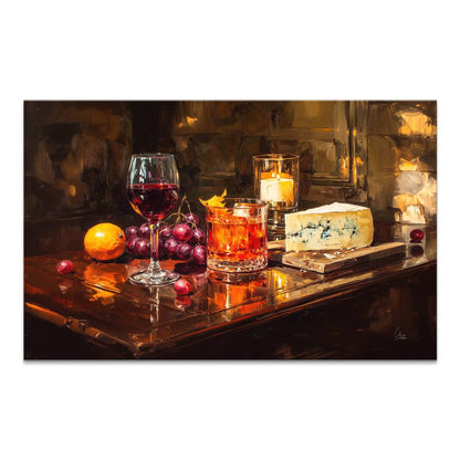 Elegant still-life canvas featuring a glass of red wine, grapes, orange, cocktail, candle, and blue cheese on a dark wood surface.