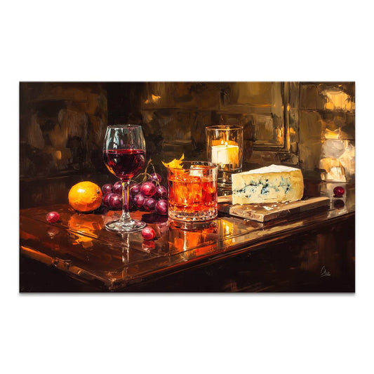 Elegant still-life canvas featuring a glass of red wine, grapes, orange, cocktail, candle, and blue cheese on a dark wood surface.