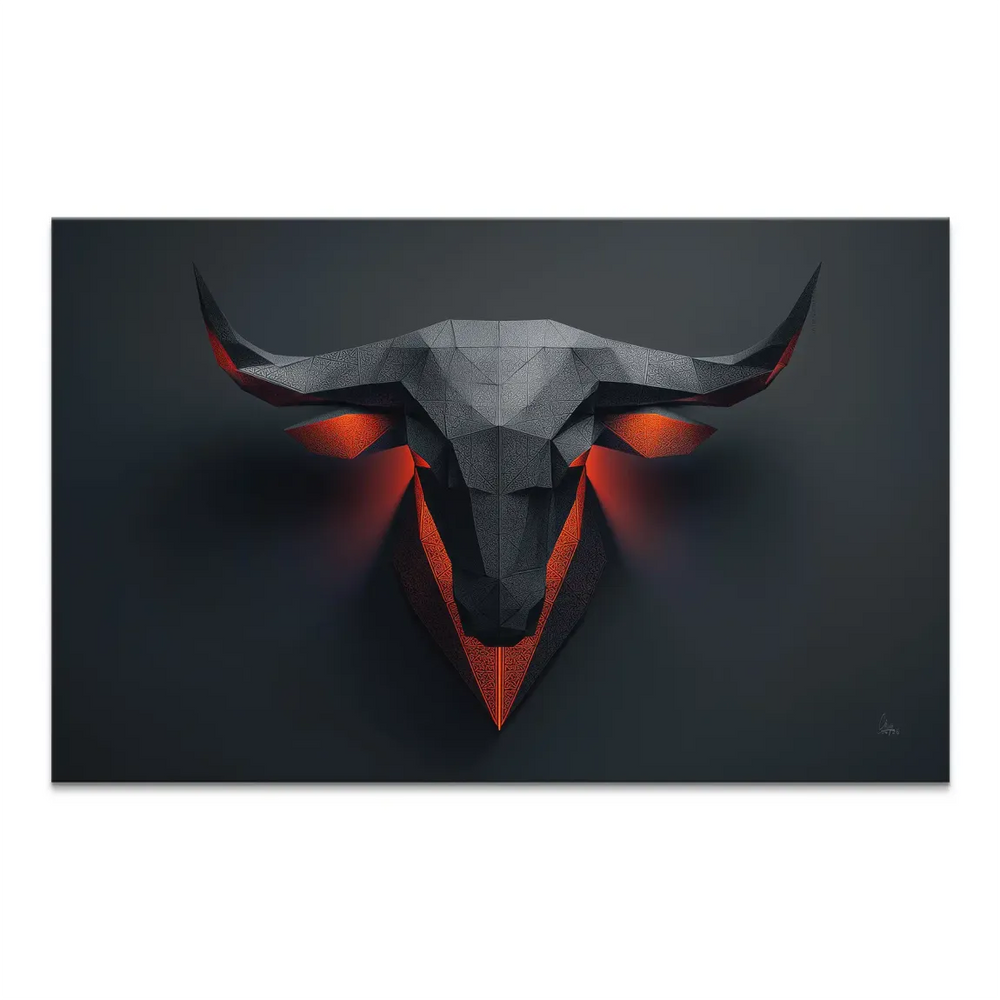 Geometric low-poly bull head canvas art with fiery orange glow outlining horns and eyes on a dark gray background
