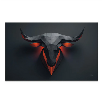 Geometric low-poly bull head canvas art with fiery orange glow outlining horns and eyes on a dark gray background