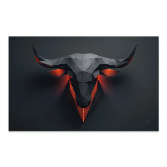 Geometric low-poly bull head canvas art with fiery orange glow outlining horns and eyes on a dark gray background