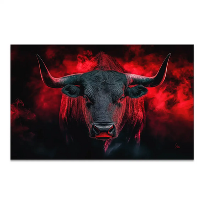 Majestic black bull on canvas with a dramatic red smoke backdrop.