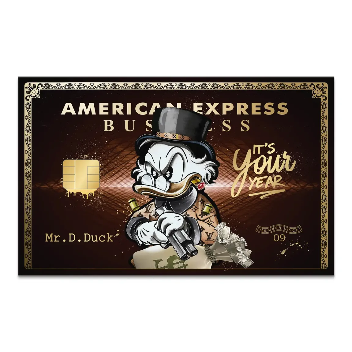 Scrooge McDuck-inspired gold business canvas art with top hat and money bag