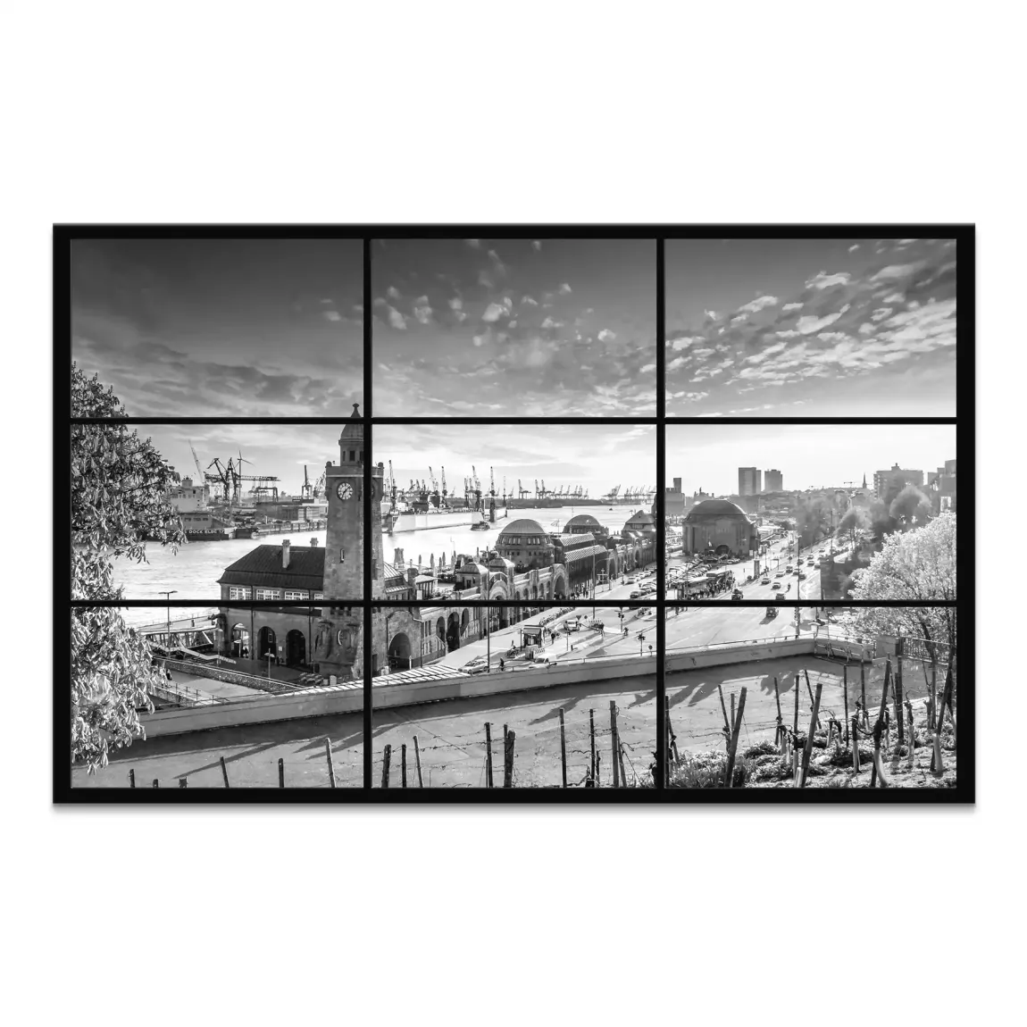 Hamburg skyline in black and white featuring Landungsbrücken clock tower