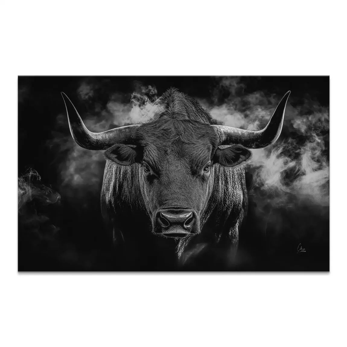 Black Bull Vision canvas art: majestic bull head-on in black and white with smoky mist framing