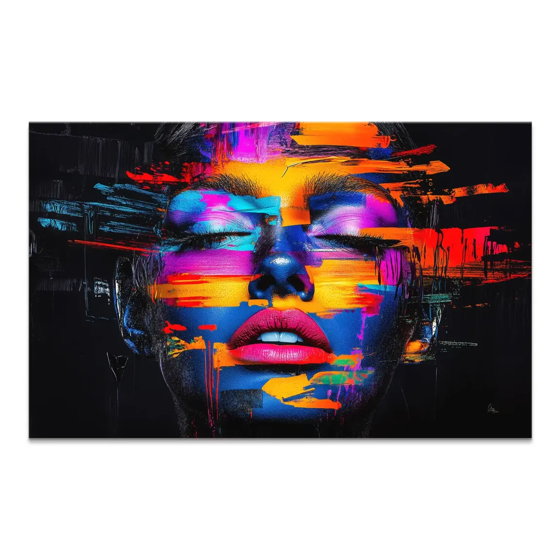 Close-up neon portrait of a woman on a black canvas with glowing blue and pink hues