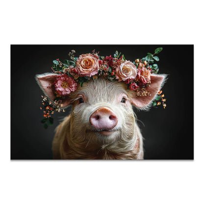 Close-up piglet wearing a floral crown on a dark gray canvas