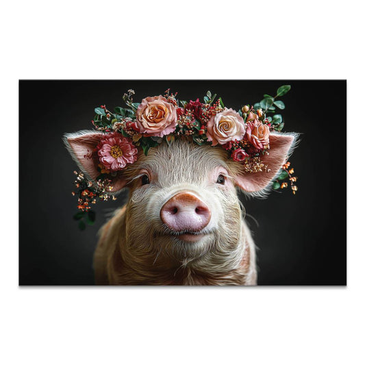 Close-up piglet wearing a floral crown on a dark gray canvas