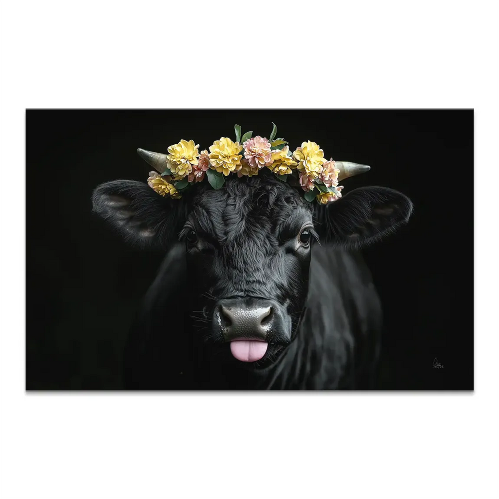 Black cow canvas with floral crown on dark background