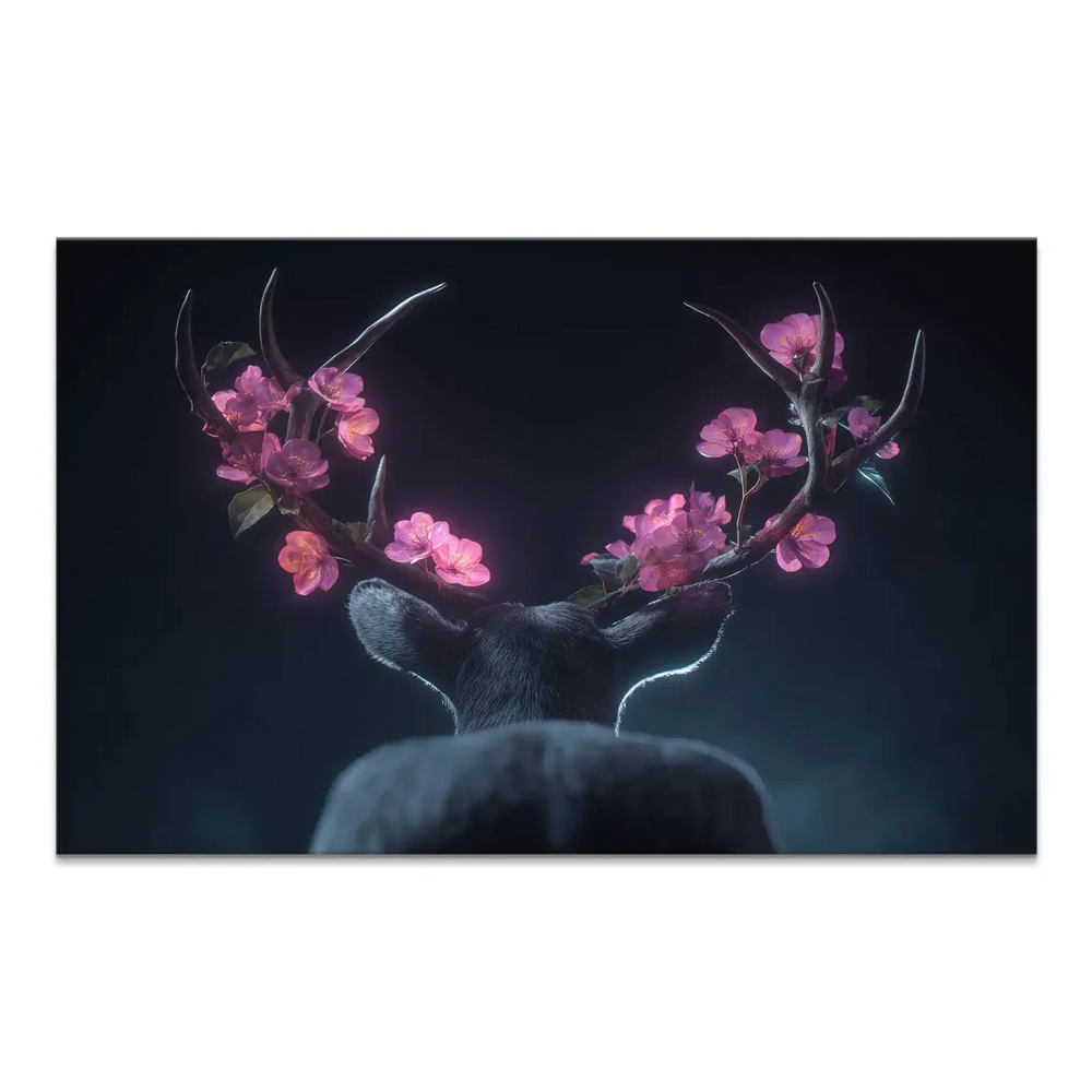 Majestic deer seen from behind with antlers adorned by pink cherry blossoms on a deep indigo-teal background