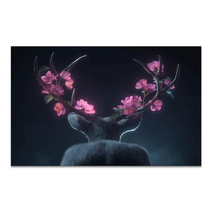 Majestic deer seen from behind with antlers adorned by pink cherry blossoms on a deep indigo-teal background