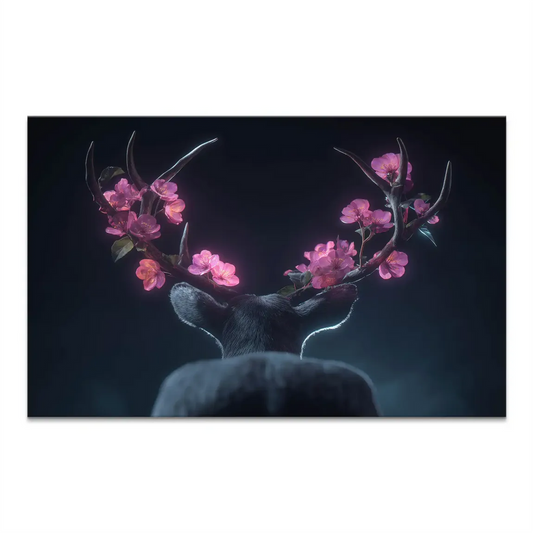 Majestic deer seen from behind with antlers adorned by pink cherry blossoms on a deep indigo-teal background