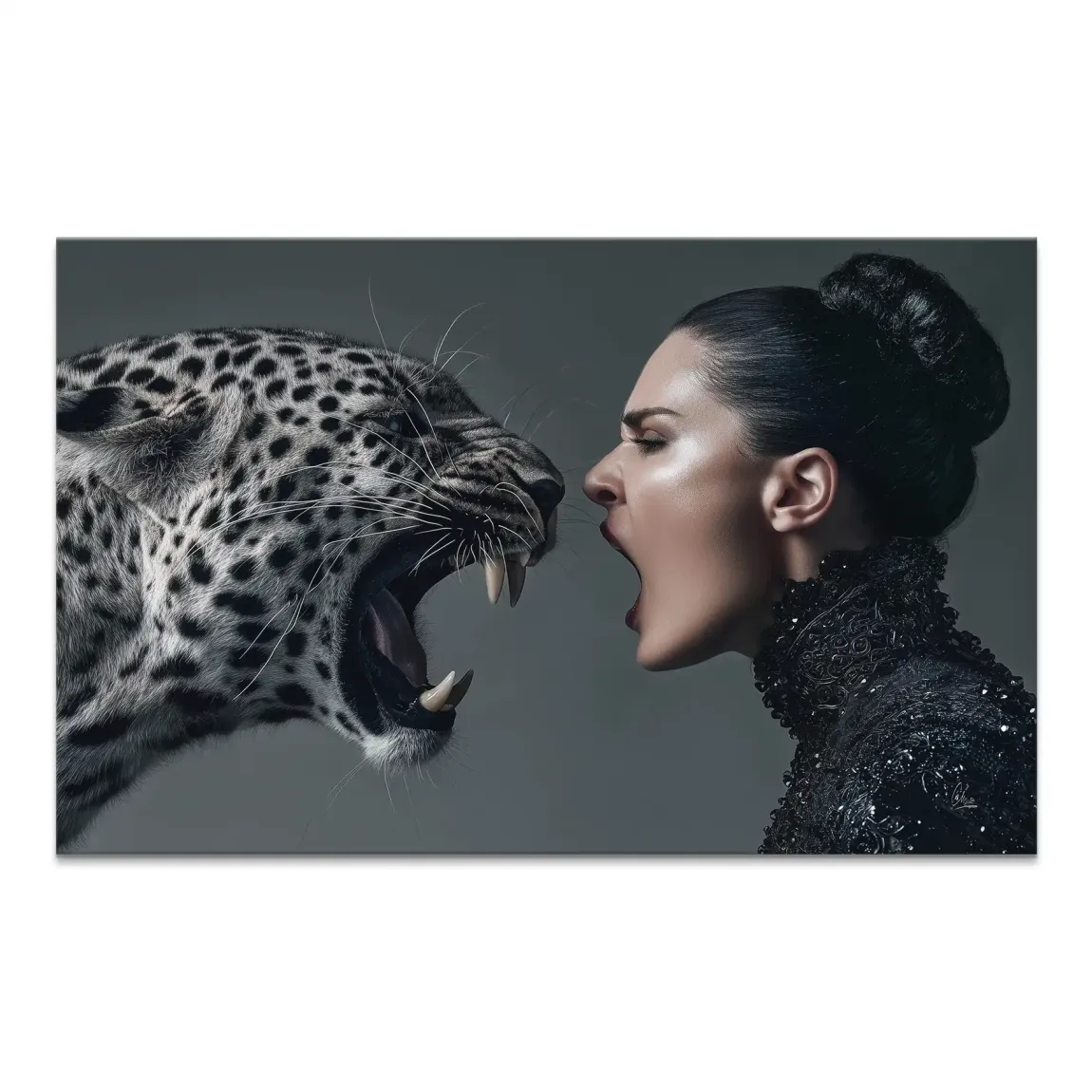 Profile view of a powerful woman facing a snarling leopard in a high-contrast black, white, and grey palette.