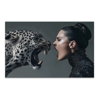 Profile view of a powerful woman facing a snarling leopard in a high-contrast black, white, and grey palette.