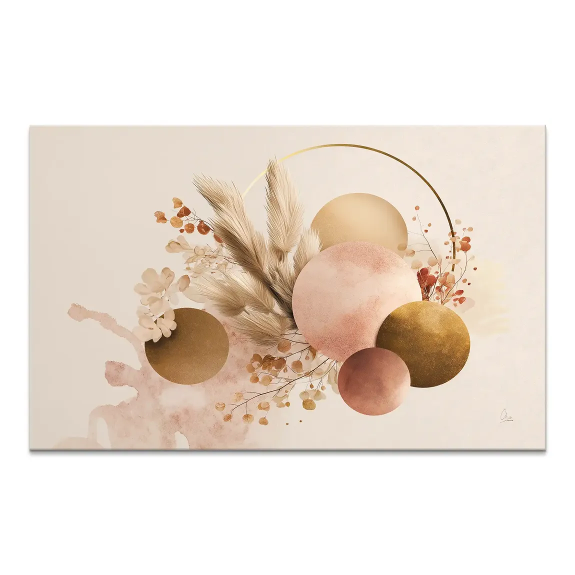 Abstract wall art with soft rose and gold spheres over beige background and a golden ring.