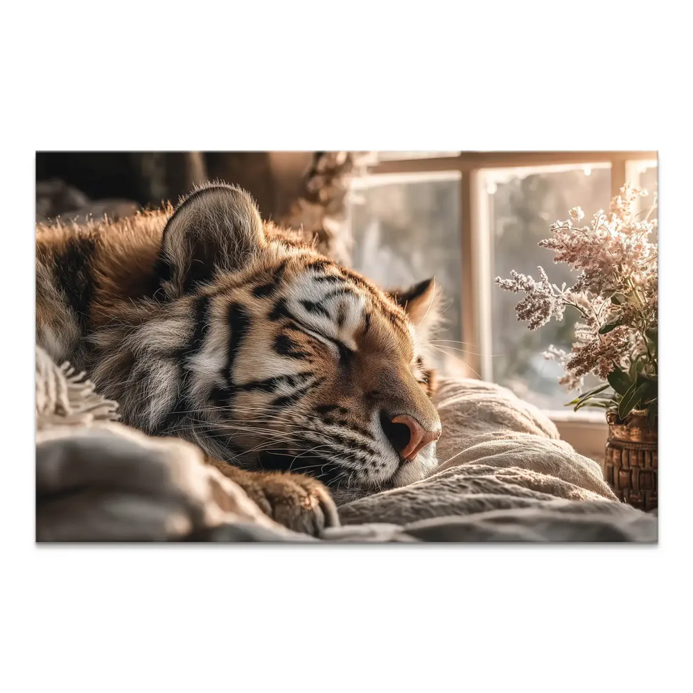 Sleeping tiger on light bedding canvas art in warm golden hour light