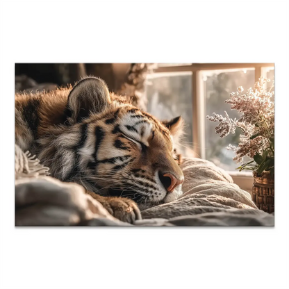 Sleeping tiger on light bedding canvas art in warm golden hour light