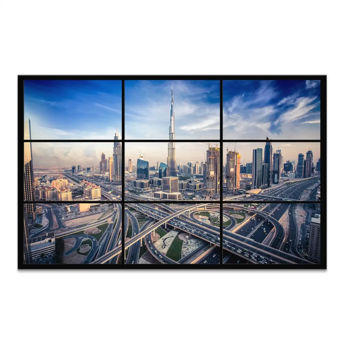 Panoramic aerial view of Dubai skyline at sunset with central Burj Khalifa and blue-gold tones