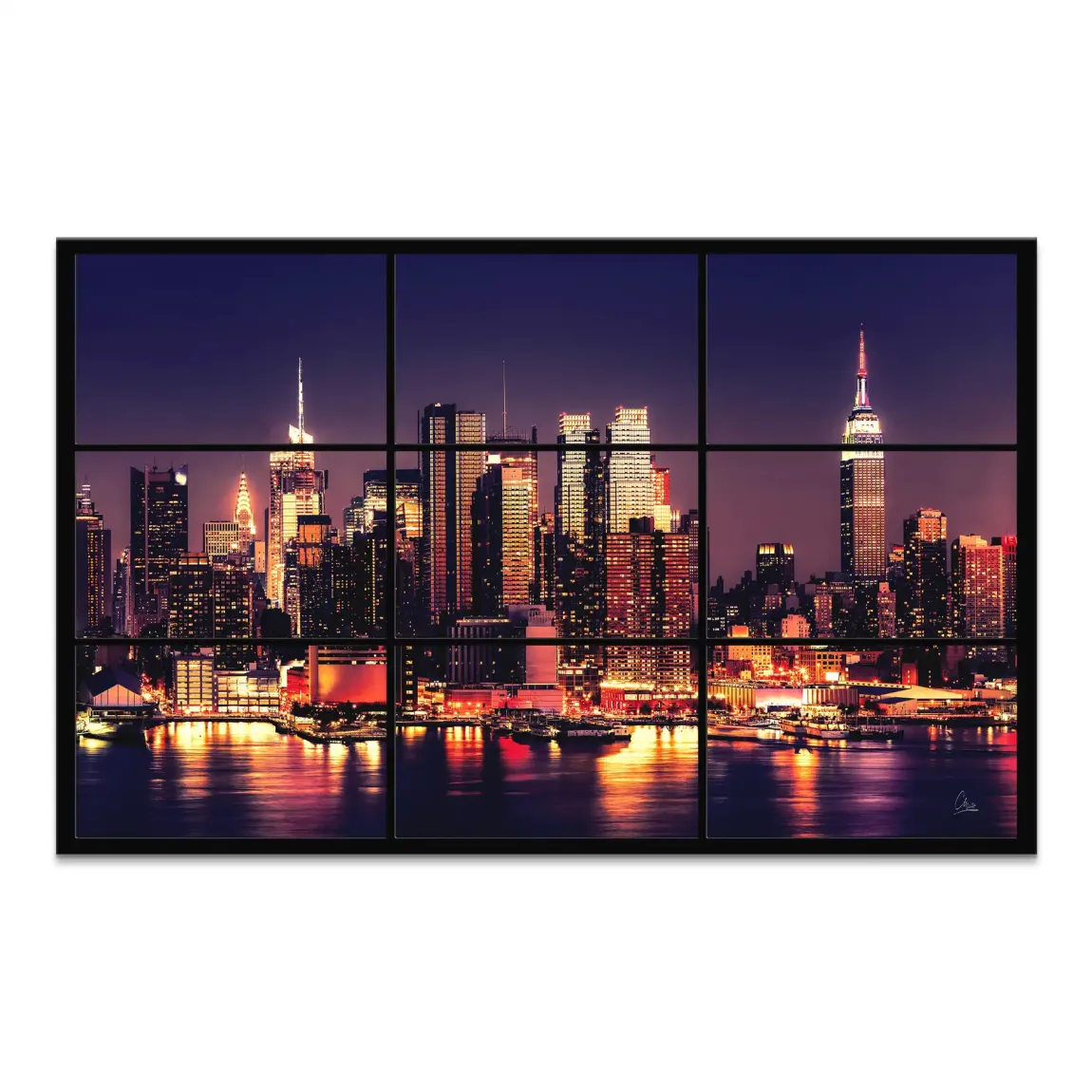 Nighttime New York City skyline across a calm river, shown as a multi-panel canvas print