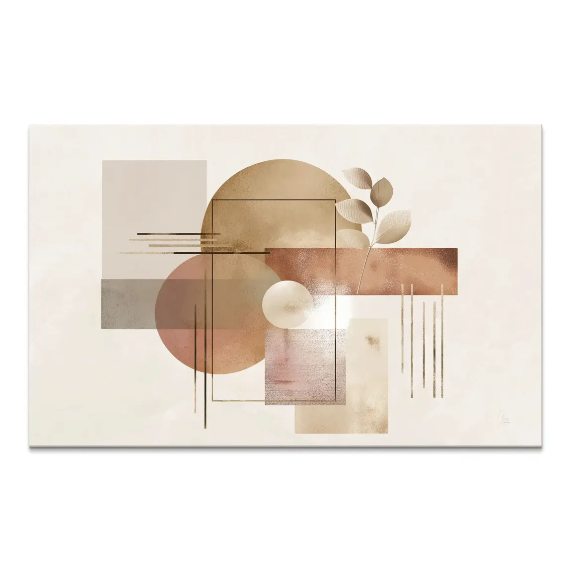 Silent Balance canvas print with soft circles and rectangles and a delicate leafy branch in warm earthy tones