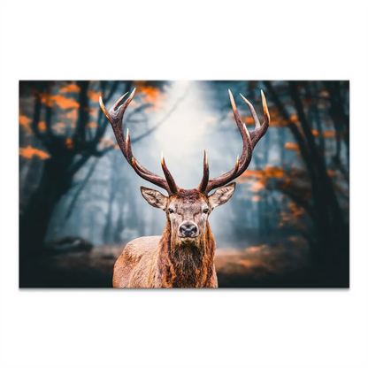 Majestic stag with large antlers stands in a misty autumn forest on canvas.