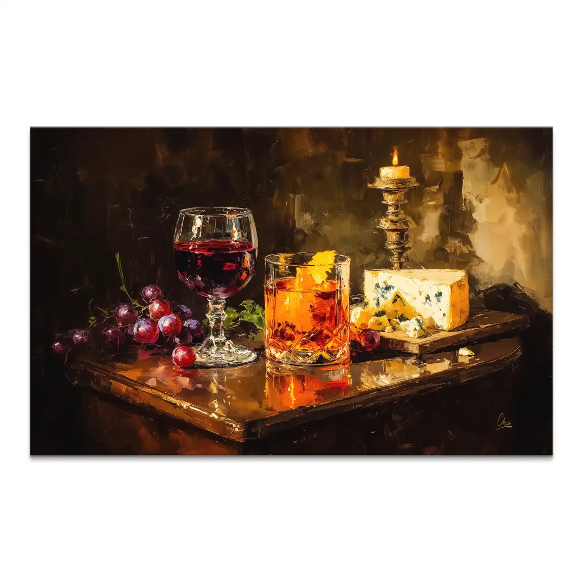 Luxurious wine and cheese still life on a dark wood surface with candlelight
