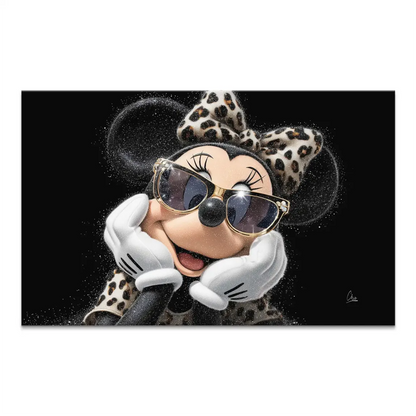 Minnie Mouse chic canvas wall art with gold framed sunglasses and leopard-print bow on a black glitter background
