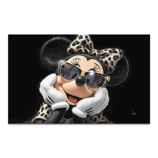 Minnie Mouse chic canvas wall art with gold framed sunglasses and leopard-print bow on a black glitter background