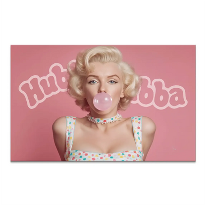 Glamorous retro pin-up woman on a pink canvas print blowing a pink bubble gum bubble