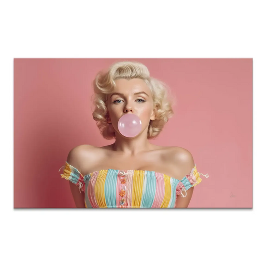 Close-up Marilyn Monroe pop-art canvas with a pink bubblegum bubble and pastel-striped off-the-shoulder top.