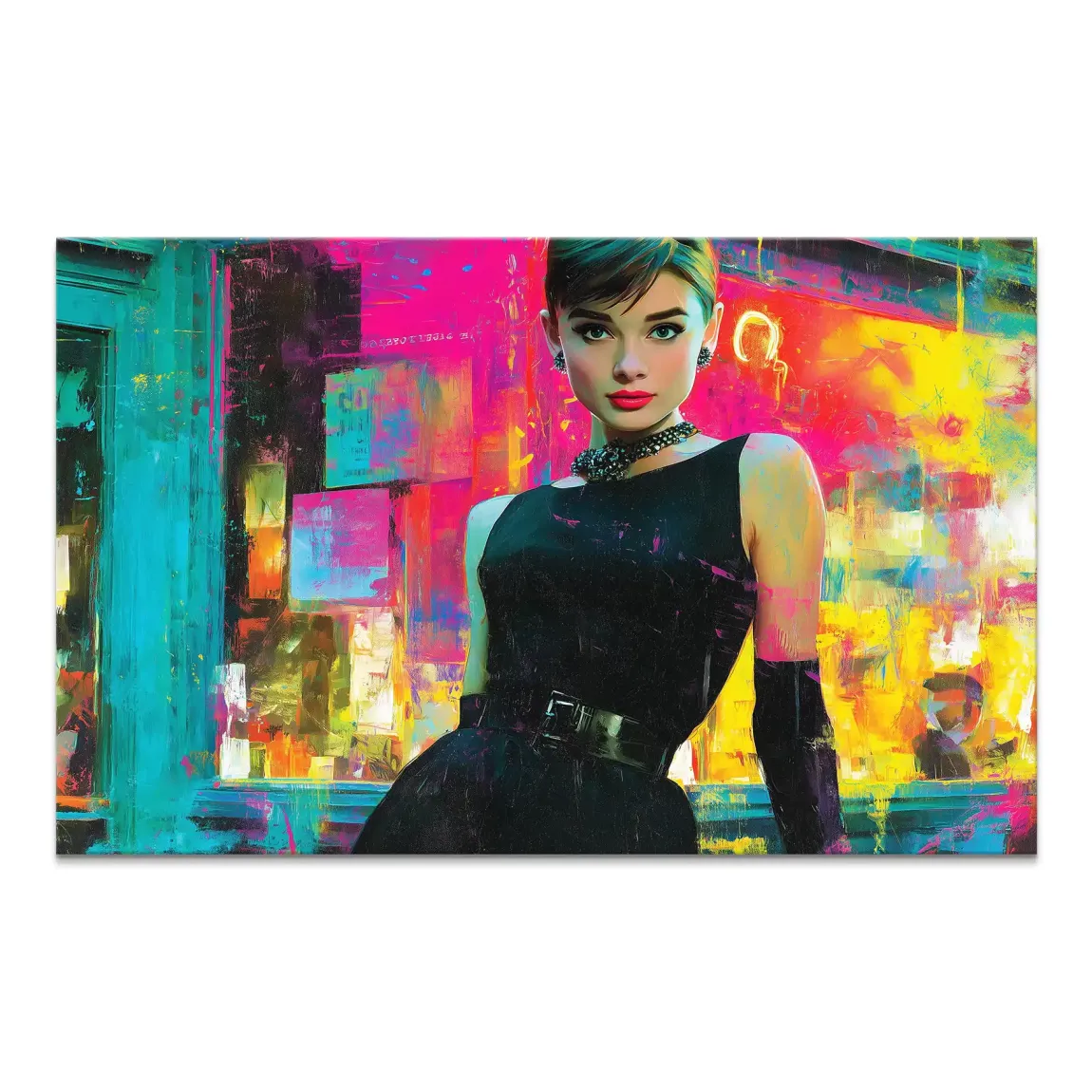 Audrey Hepburn portrait in a little black dress and gloves against a vibrant abstract color backdrop on canvas.