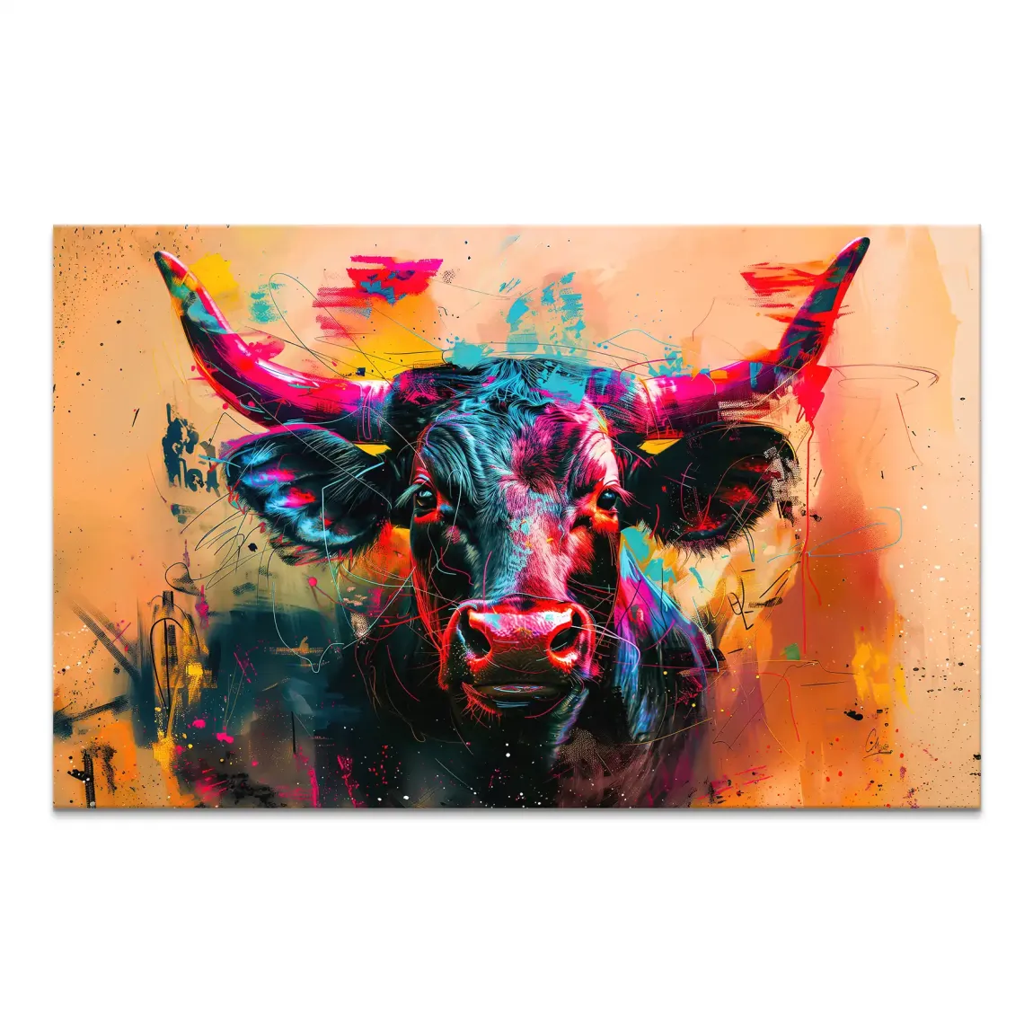 Front-facing Majestic Bull canvas print with neon graffiti-style splashes on warm orange-peach background