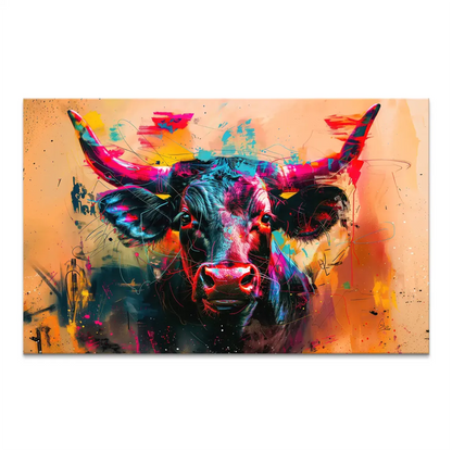 Front-facing Majestic Bull canvas print with neon graffiti-style splashes on warm orange-peach background