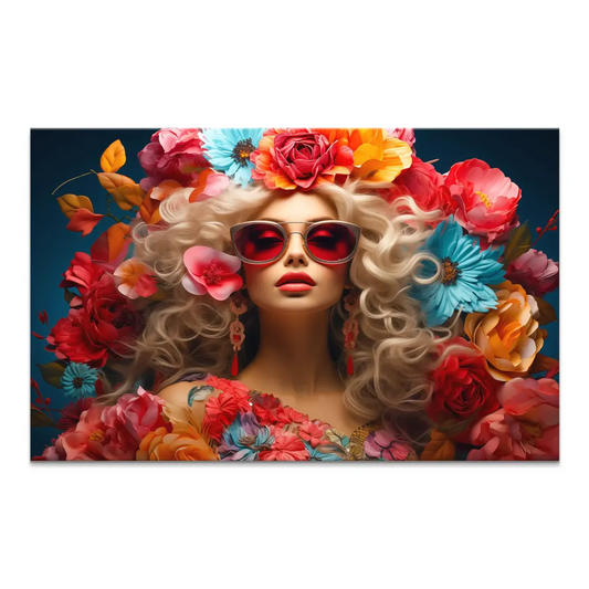 Flower Queen Canvas Print: glamorous blonde woman with curly hair, red sunglasses, and a bright floral halo against a deep blue background.