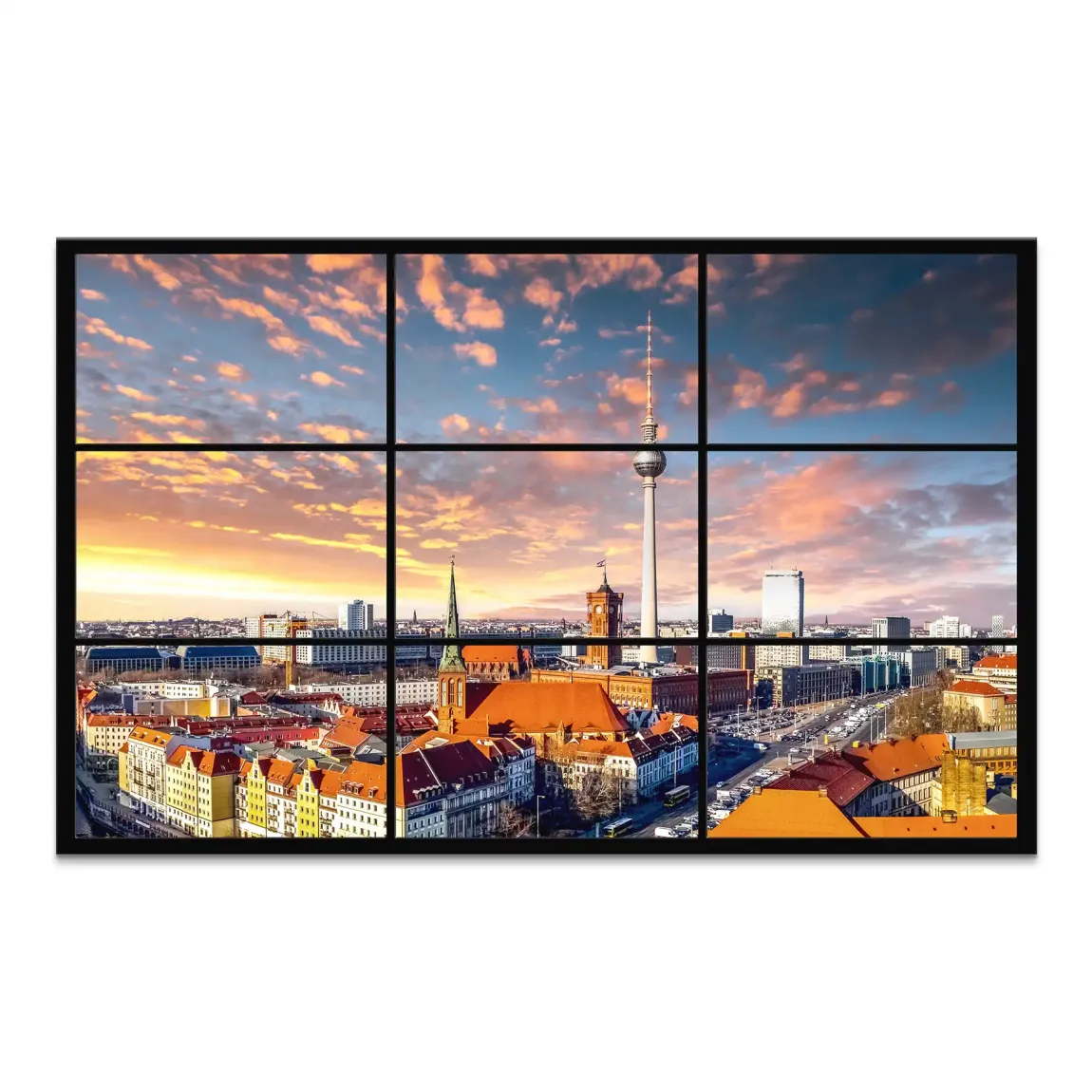 Berlin skyline at sunset in a nine-pane window grid with TV Tower and Red Town Hall