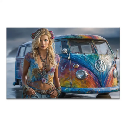 Blonde woman with floral hair accessories posing beside a colorful VW Camper Van on a vibrant canvas wall art
