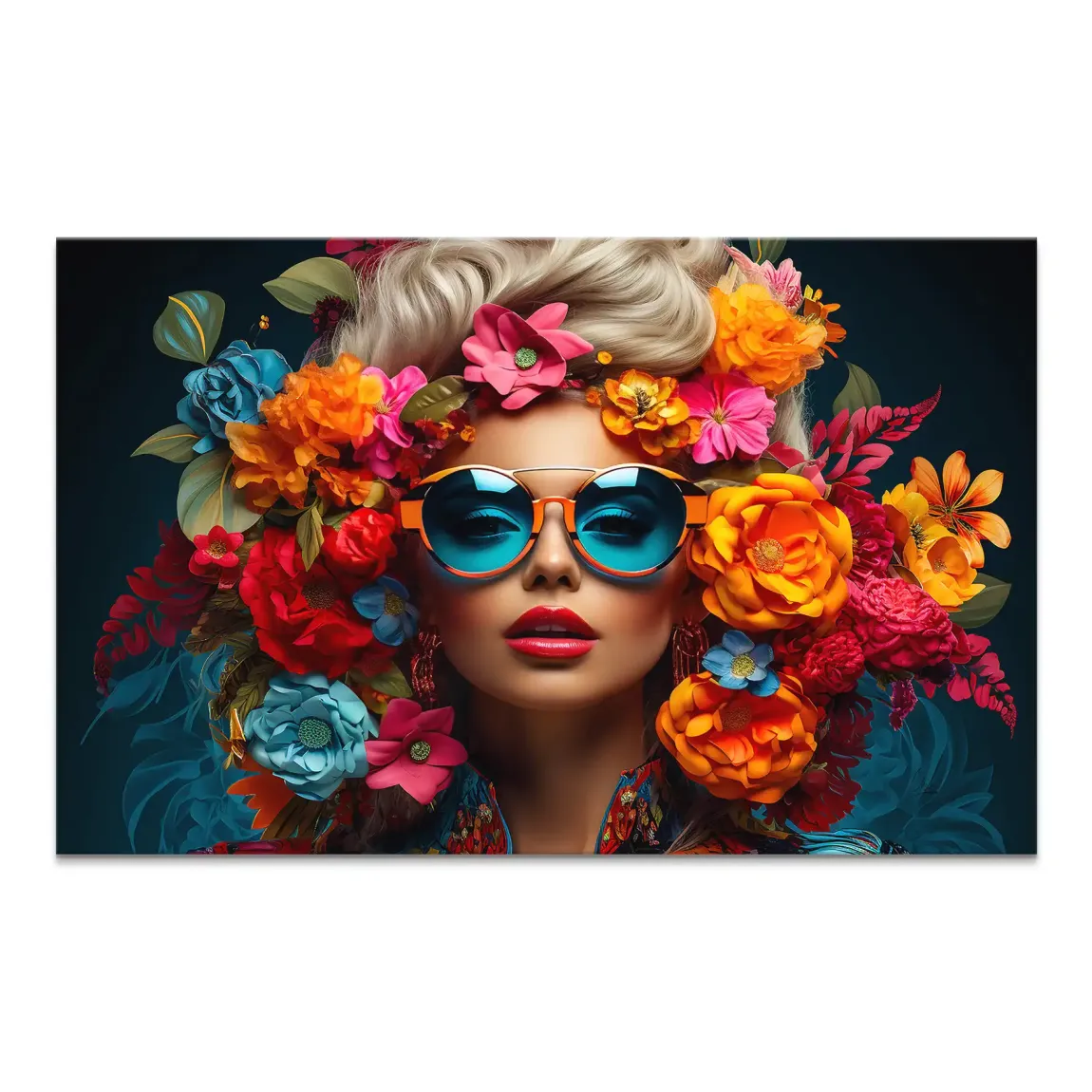 Glamorous woman portrait on a vibrant floral canvas print with a moody dark background