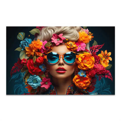 Glamorous woman portrait on a vibrant floral canvas print with a moody dark background