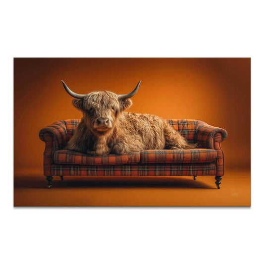 Highland cow lounging on plaid sofa with burnt orange backdrop in canvas wall art.