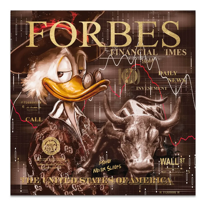 Scrooge McDuck in a cowboy hat beside a bronze Charging Bull on a vintage canvas print